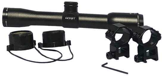 Osprey Standard 4x32MD rifle scope with Mildot reticle, matte black finish, ring mounts, and lens covers.