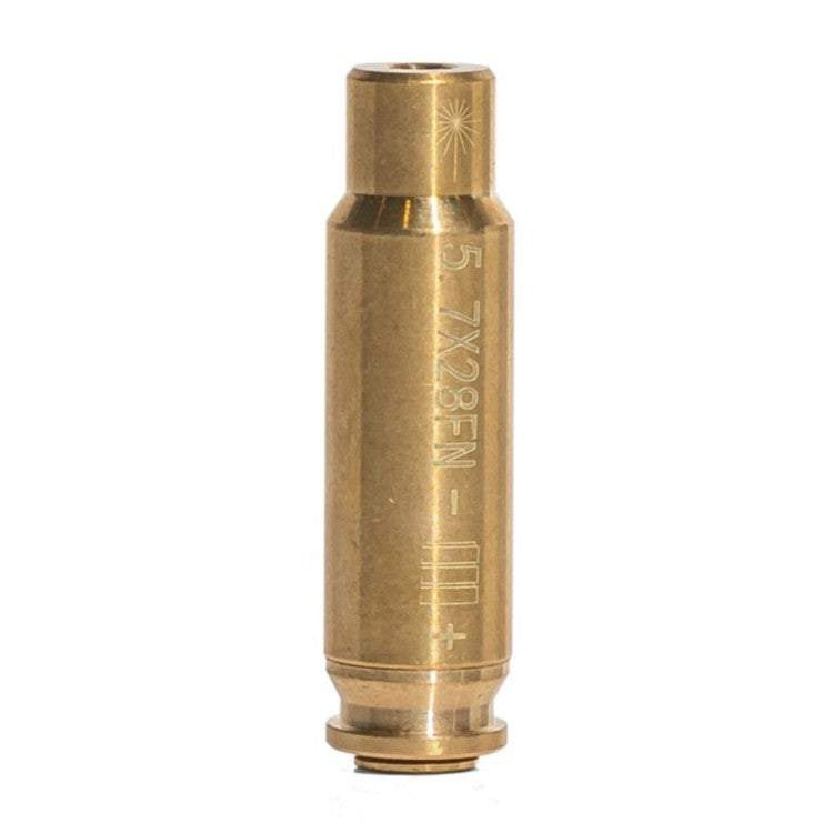 5.7x28 brass laser boresight with visible red laser for precise firearm sighting and calibration