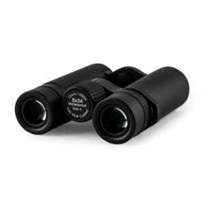 Compact black 8x34 binoculars with waterproof, fog proof BAK4 prism lenses and durable rubber coating.