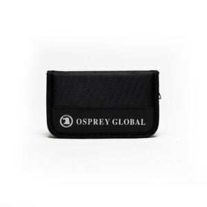 Osprey Rifle Boresight Kit with green laser, multiple caliber arbors, and black nylon carry case.