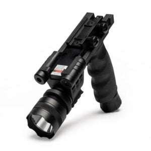Black Battlegrip vertical foregrip with integrated blue laser and 750 lumen flashlight for rifles with Picatinny or Weaver rails