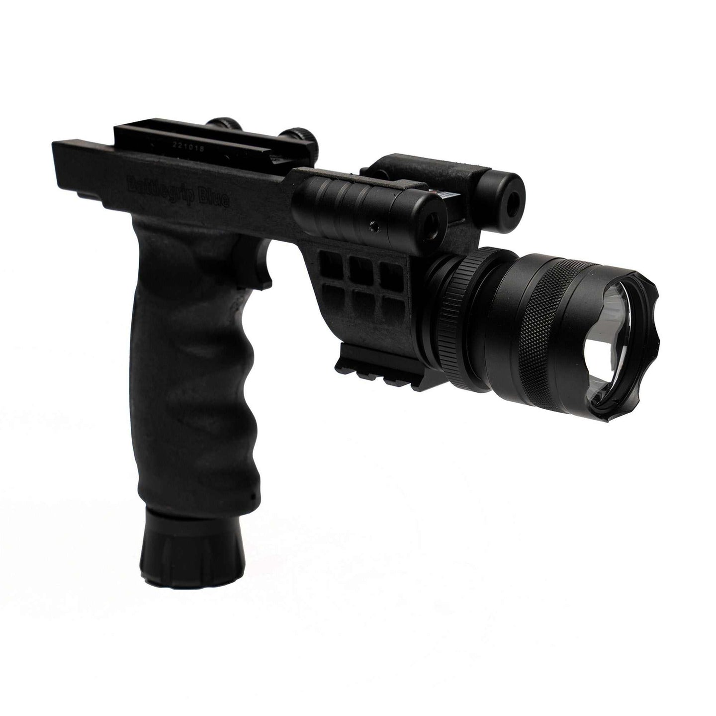 Vertical Foregrip Laser Flashlight Combo with matte black finish, 750 lumens flashlight, strobe function, and white LED pilot light for rifles.