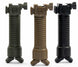 Spring loaded bipod foregrip available in black, OD green, and tan colors with tactical muzzle control and picatinny rail compatibility.