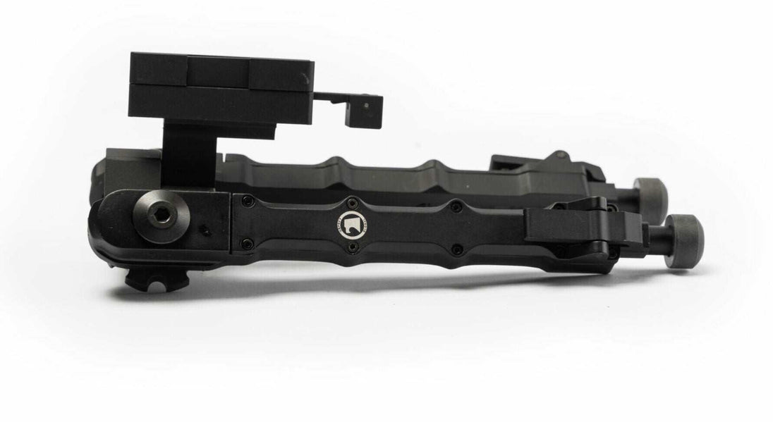 Black swivel bipod made of aluminum alloy with adjustable legs and quick attach design for picatinny or weaver rails
