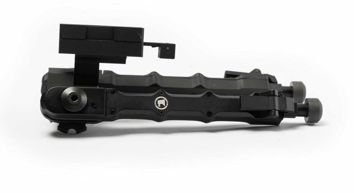 Black swivel bipod made of aluminum alloy with adjustable legs and quick attach design for picatinny or weaver rails