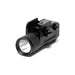 Compact black pistol tactical light with textured grip and Picatinny rail mount, 500 lumens brightness and strobe function.