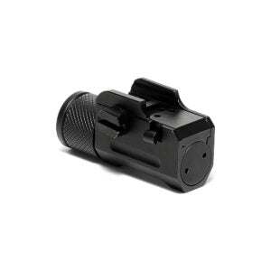 Compact black pistol tactical light with 500 lumens brightness, designed for Picatinny rails, featuring ergonomic switch and strobe mode.