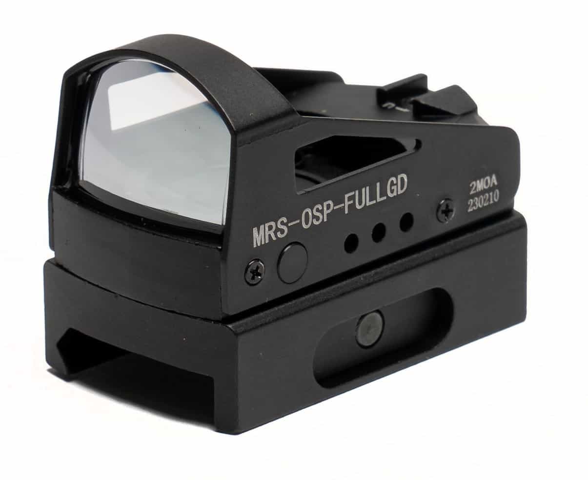 MRS Full Green Dot shake awake reflex sight for handguns and rifles with Picatinny rail, 5 brightness levels, aluminum alloy body.
