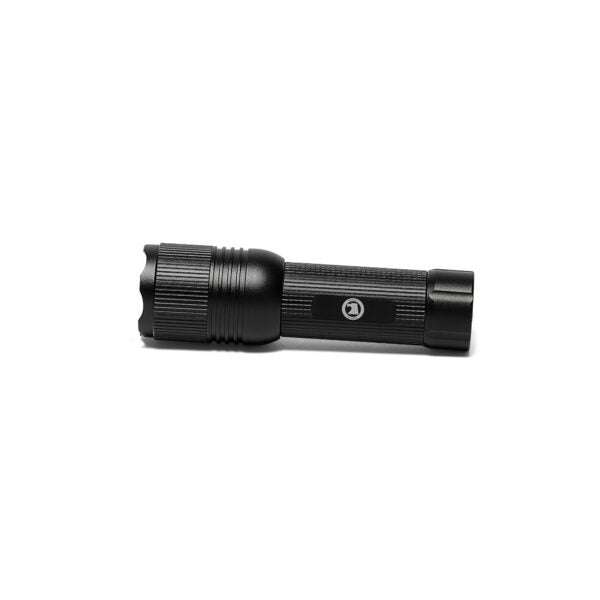 Compact black handheld flashlight with 600 lumens brightness, adjustable focus, and powered by 3 AAA batteries.