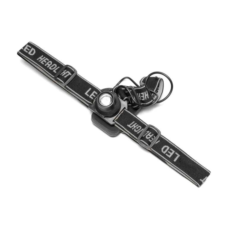 Black adjustable headlamp with 180 lumens Cree LED, dimmable floodlight and spotlight modes, powered by three AAA batteries in rear compartment.