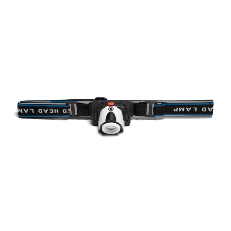 320 lumens adjustable LED headlamp with black strap, powered by three AAA batteries for camping and outdoor use