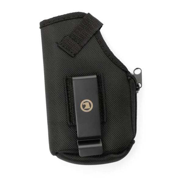 Black nylon inside or outside belt holster with removable clip for compact or full-size handguns, ambidextrous design and slim profile.