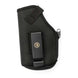Black nylon inside or outside belt holster with removable clip for compact or full-size handguns, ambidextrous design and slim profile.