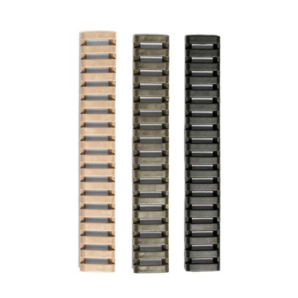 Three sets of ladder rail covers in tan, olive green, and black for protecting rail edges and improving grip.