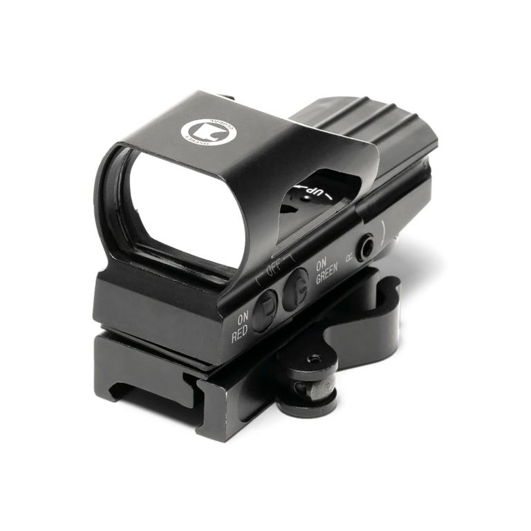 RSMR Quick Release reflex sight with 4 reticle patterns, 3 MOA center dot, red and green illumination, quick release mount, matte black finish, and dual digital switches.