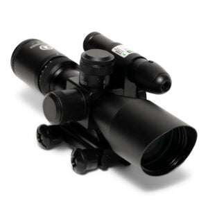 2.5-10x40MDG tactical rifle scope with green laser, bullet drop compensator, illuminated mil-dot reticle, and black matte finish