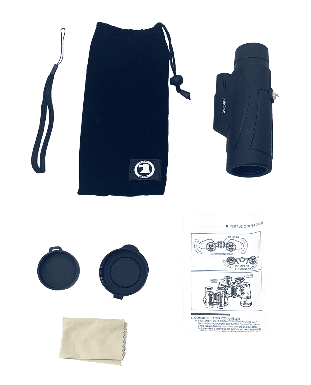 Black matte 8×42 Monocular with carrying case, strap, lens covers, cleaning cloth, and instruction manual.