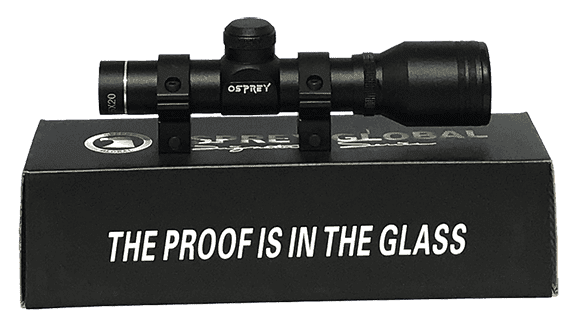 Osprey Standard 2.5x20DP black matte rifle scope with 2.5x magnification and duplex reticle on product box