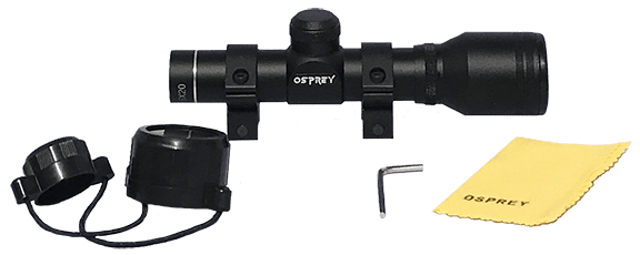 Osprey Standard 2.5x20DP compact black matte rifle scope with mounts, dust covers, and cleaning cloth.
