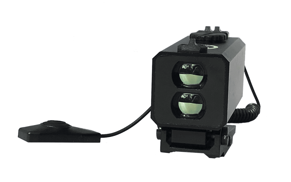 Compact weapons mounted range finder with recoil-resistant metal shell and illuminated OLED display for distances of 5 to 700 meters