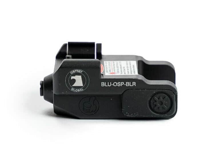 Compact Mini Rail Blue Laser for pistols, lightweight aluminum alloy, sleek matte black design.