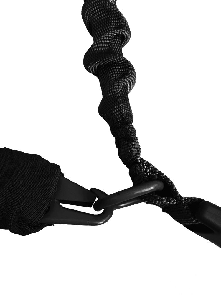 Black tactical sling with quick release clip and elastic bungee for weapon attachment