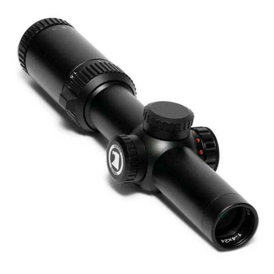 Compact matte black 1-4×24 scope with tri-color illuminated Mil-Dot reticle and easy adjustments for precise shooting