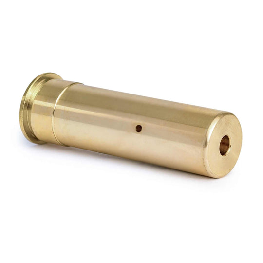 Red 20 gauge boresight with brass construction and laser sight for accurate shooting alignment.