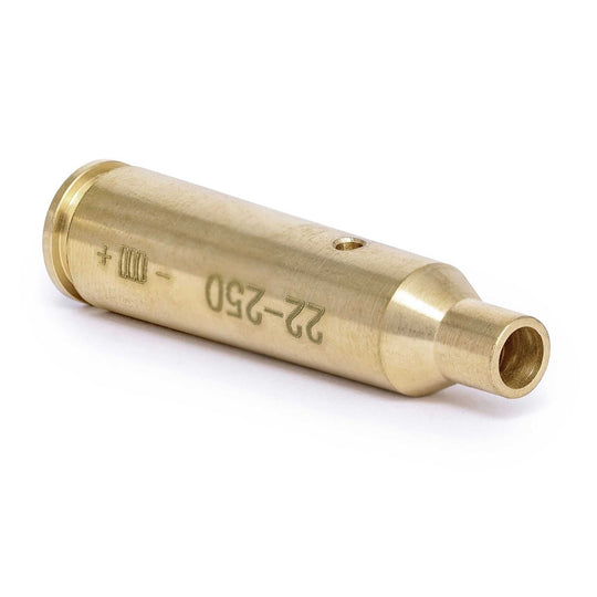 Red .22-250 boresight laser cartridge made of high-quality brass for precise firearm sighting