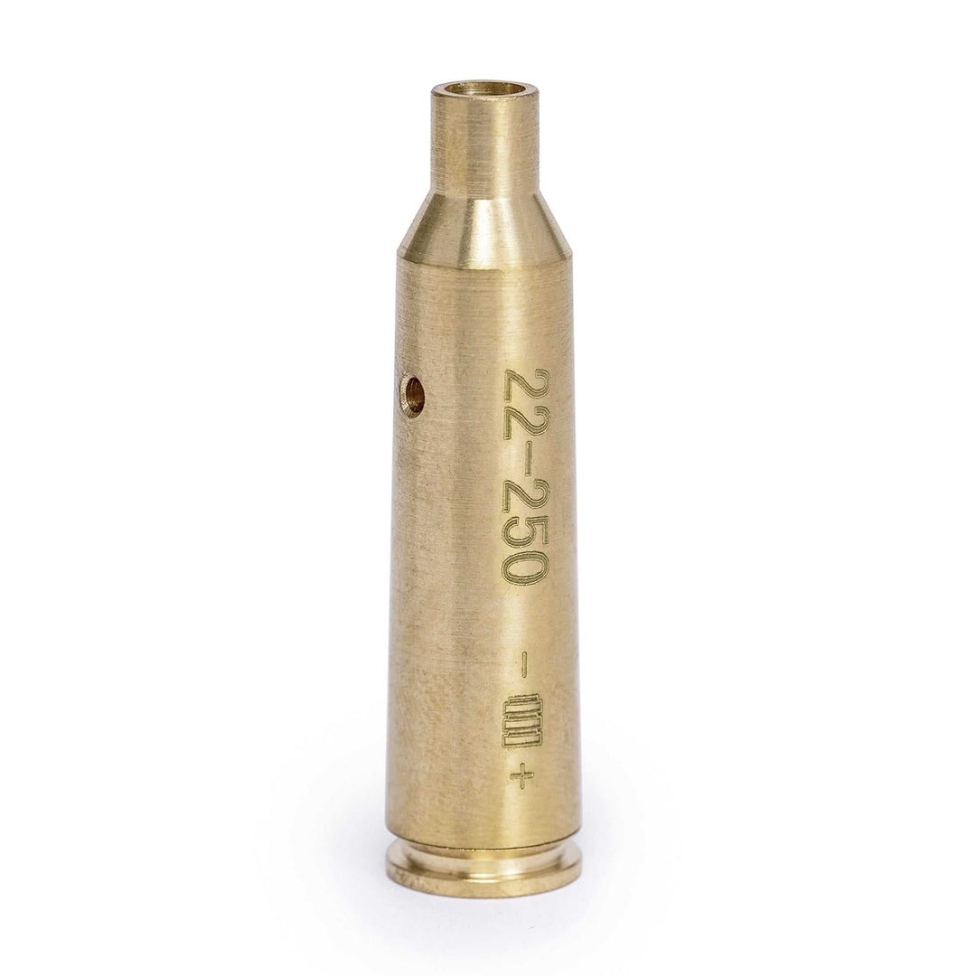 Red .22-250 Boresight with visible red laser for precise weapon sighting and high-quality brass construction