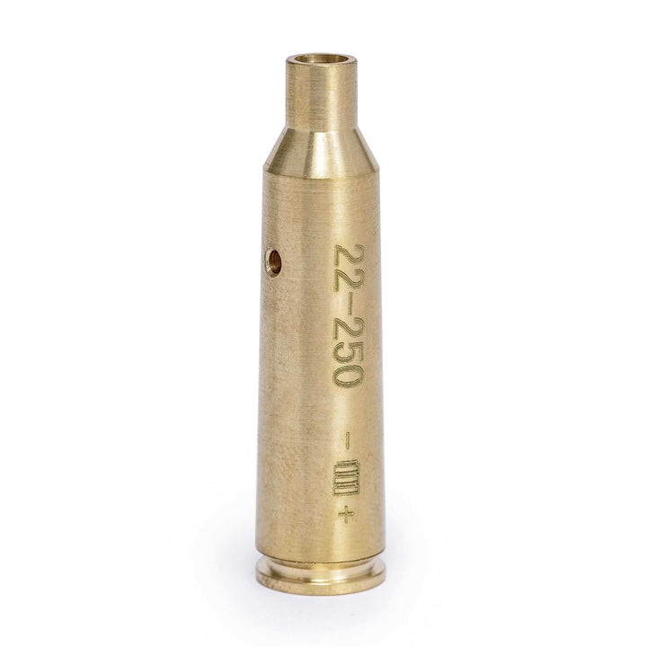 Red .22-250 Boresight with visible red laser for precise weapon sighting and high-quality brass construction
