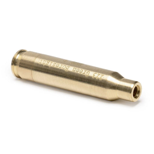 Green .223 .556 laser boresight cartridge with brass construction for precise weapon sighting