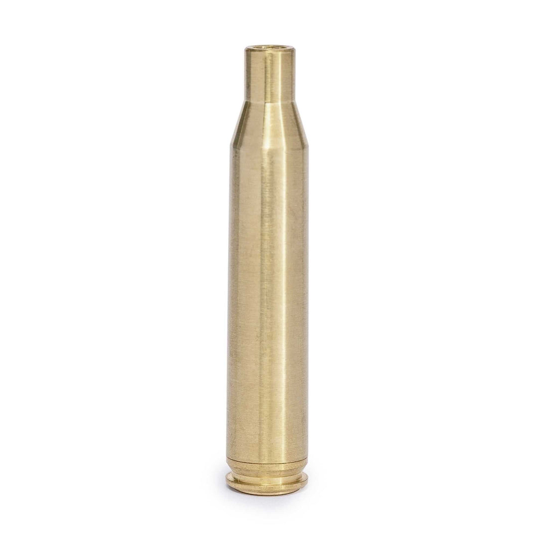Red 30-06 25-06 270W brass laser boresight for firearm sighting with visible red laser dot.