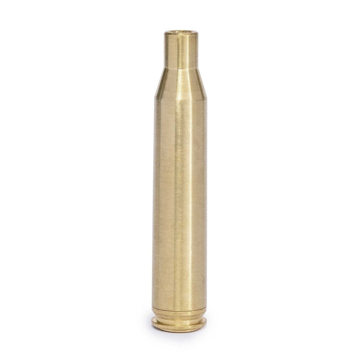 Red 30-06 25-06 270W brass laser boresight for firearm sighting with visible red laser dot.