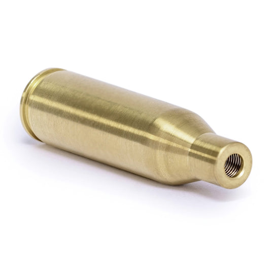 Red .338 Lapua boresight with brass construction for laser sight alignment and accuracy.