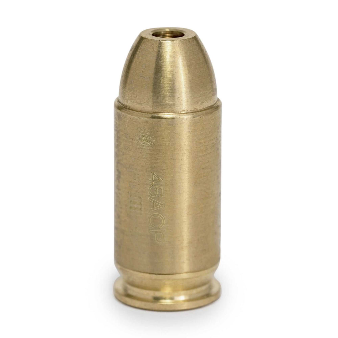 Red .45 Colt boresight with brass construction and visible red laser for accurate firearm sighting