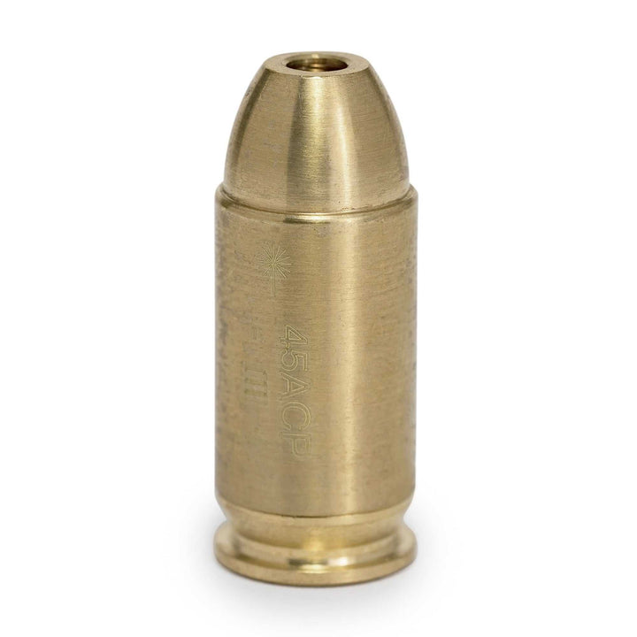 Red .45 Colt boresight with brass construction and visible red laser for accurate firearm sighting
