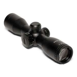 4x32 crossbow scope with red and green illumination, 4x magnification, 32mm objective lens, and matte black finish