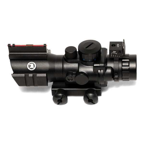 4x32MDG black matte rifle scope with Mil-Dot reticle, adjustable fiber optic iron sight, picatinny rail mount, and multi-color illuminated reticles.
