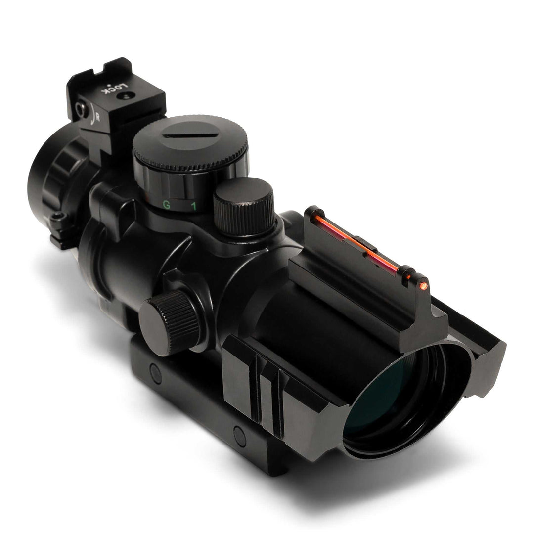 4x32MDG Scope with Mil-Dot reticle, adjustable fiber optic iron sight, and multi-color illuminated reticles designed for picatinny rail mounting