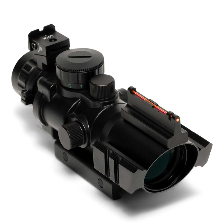 4x32MDG Scope with Mil-Dot reticle, adjustable fiber optic iron sight, and multi-color illuminated reticles designed for picatinny rail mounting