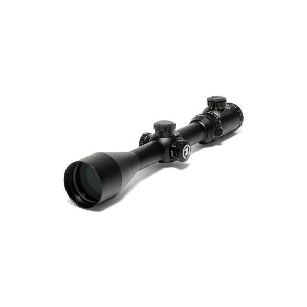 Matte black tactical 5-30x56 rifle scope with illuminated mil-dot reticle and adjustable turrets