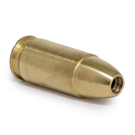 Red 9mm boresight made of high-quality brass with visible red laser for accurate weapon sighting.