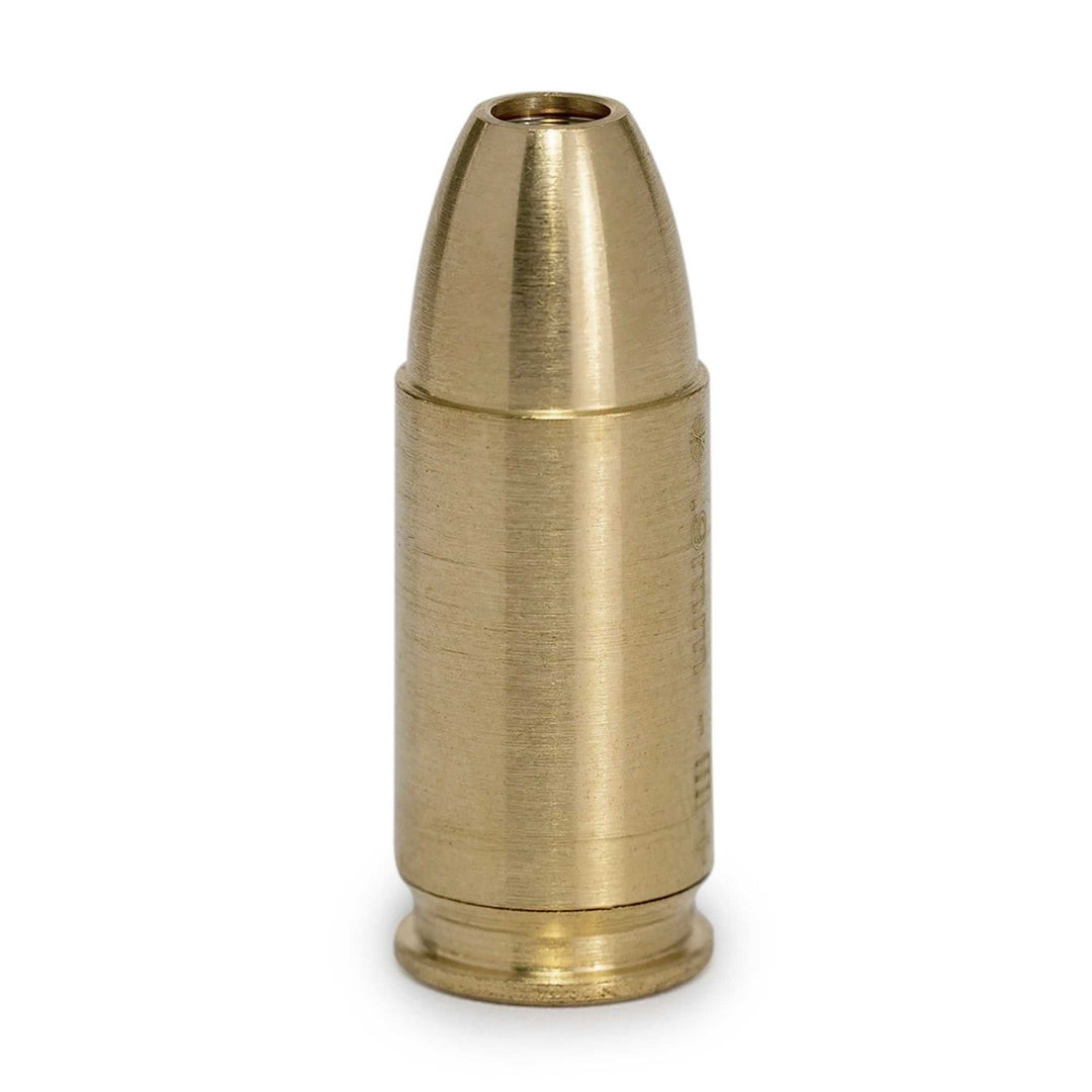 Red 9mm boresight with visible red laser for precise weapon sighting and durable brass construction