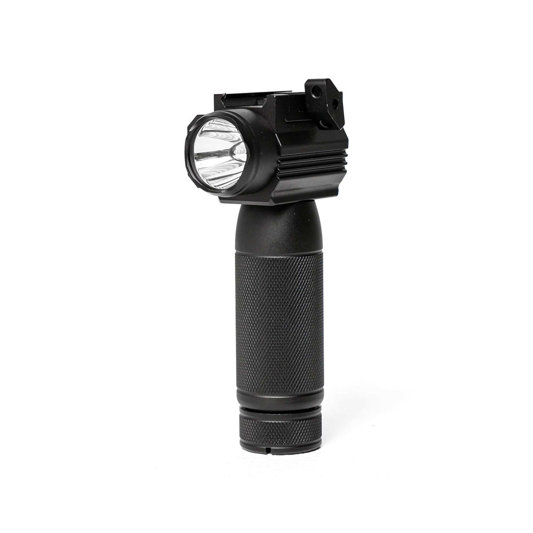 Tactical vertical grip with 1000 lumen flashlight and blue or green laser for improved weapon control and targeting