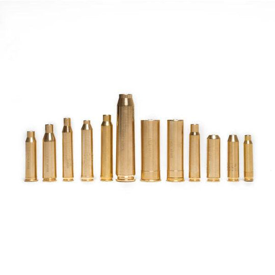 223 Green Boresight Kit with 11 brass arbors for multiple calibers arranged in a row on white background