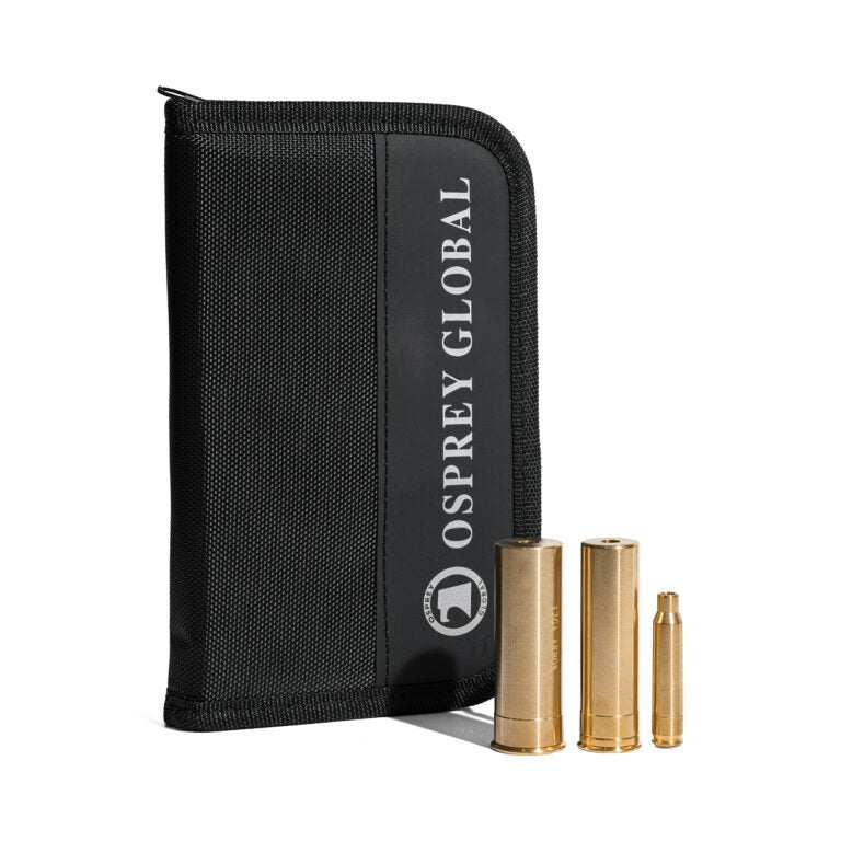 Osprey Shotgun Boresight Kit with 12 GA and 20 GA arbors, .223 green laser boresight, and black nylon carry case