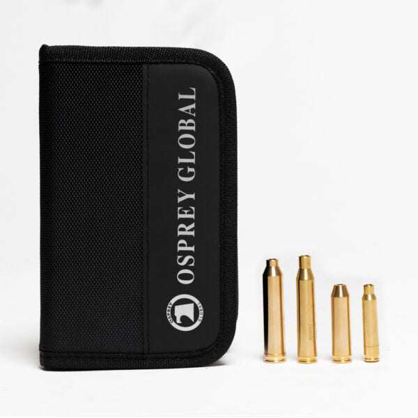 Osprey Rifle Boresight Kit with nylon case and four brass caliber arbors for sighting long guns.