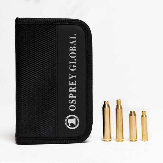 Osprey Rifle Boresight Kit with nylon case and four brass caliber arbors for sighting long guns.