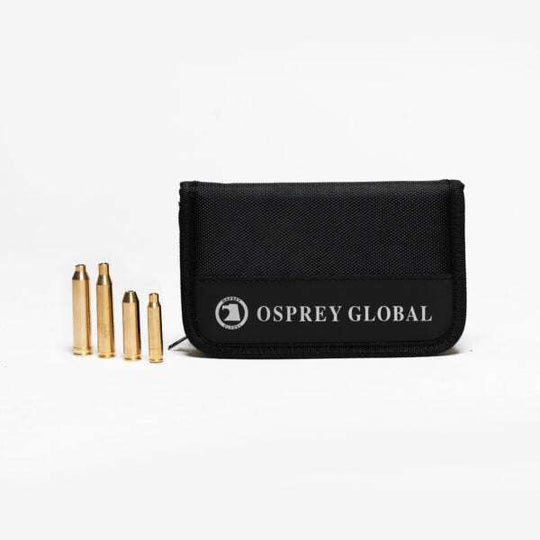 Rifle boresight kit with four brass arbors and black nylon carry case with Osprey Global logo